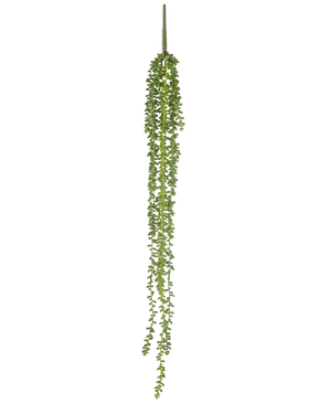 The artificial hanging plant Senecio 91 cm has long, winding strands with small round green leaves, which hang vertically against a plain white background.