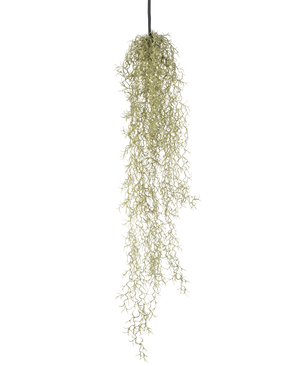 An artificial hanging plant Grass 91 cm with long, trailing light green leaves hangs from a black cord against a plain white background.