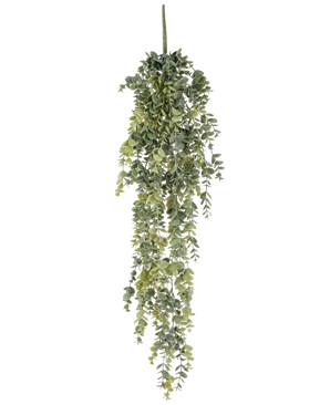 The Artificial Hanging Plant Eucalyptus 60 cm has realistic, small round green leaves that fall down, creating a lifelike artificial eucalyptus against a plain white background.