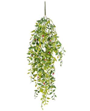 The Artificial hanging plant Gardenia with berries 81 cm is an artificial hanging plant with green leaves and small red berries, depicted against a white background.