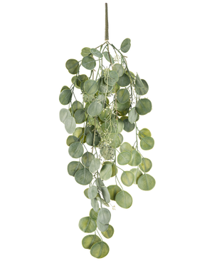 The artificial hanging plant Eucalyptus 73 cm has round green leaves on several stems that hang gracefully against a white background.