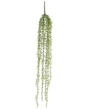 The Artificial hanging plant Senecio 91 cm has long, hanging stems with small green leaves, creating an elegant artificial hanging plant against a plain white background.