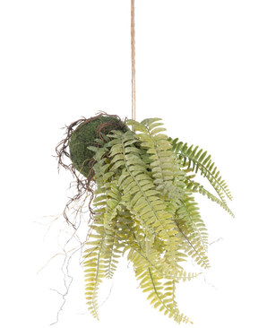 The Artificial hanging plant Frosted Fern on ball 76 cm has lifelike green fern leaves and exposed roots in kokedama style, hanging from a brown cord - perfect for adding lasting greenery to any room.