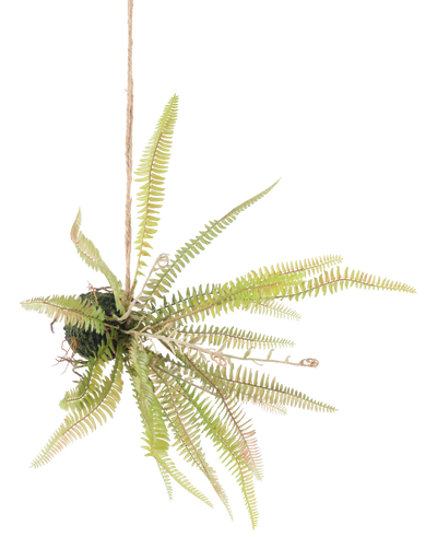 The Artificial hanging plant fern ball 45 cm has long, slender green leaves that stick out and is hung with rope against a plain white background.