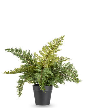 The Artificial Plant Fern 33 cm is a lush green artificial fern with feathery leaves in a simple black pot, depicted against a plain white background.
