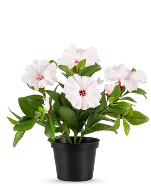 The Artificial Flower Petunia plant 25 cm pink is placed in a black pot, with several light pink, five-petalled flowers with a dark pink heart and yellow stamens, against a plain white background.