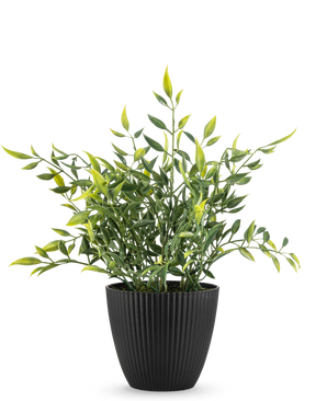 An Artificial Plant Bamboo 28 cm, a leafy green pot plant with long, slender leaves, some with a yellow tip, grows in a vertically ribbed black pot against a plain white background.