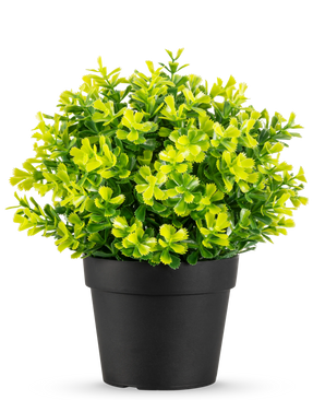 The Artificial Rosemary UV 22 cm plant has bright green and yellow leaves in a plain black plastic pot, against a white background.