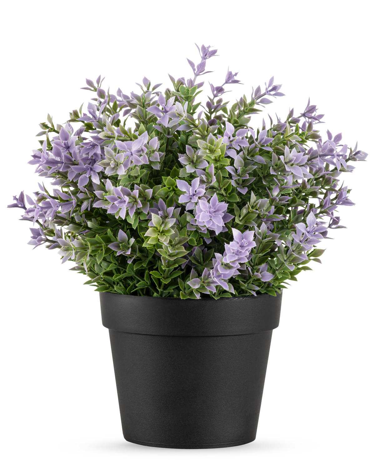 The Artificial Plant Buxus purple UV 22 cm has a black flower pot with a lush artificial plant with small light purple flowers and green leaves against a plain white background.