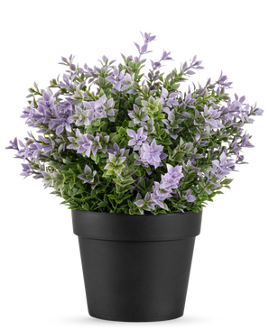 The Artificial Plant Buxus purple UV 22 cm has a black flower pot with a lush artificial plant with small light purple flowers and green leaves against a plain white background.
