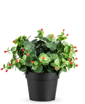 The Artificial plant Eucalyptus red in pot UV 22 cm has green leaves and small red buds in a simple black pot, against a plain white background.