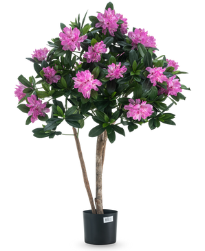 The Artificial Plant Rhododendron 90 cm has two slender brown stems, green leaves and numerous bright pink flowers in full bloom against a plain white background.