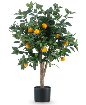 The Artificial Orange Tree RT 90 cm has vibrant green leaves and several ripe oranges on the branches, against a plain white background.