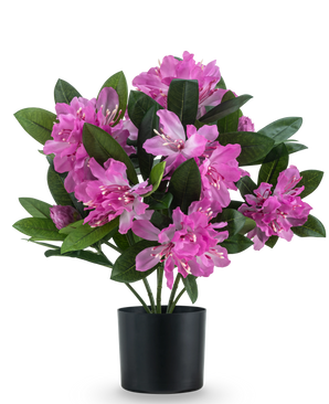 The Artificial Plant Rhododendron 42 cm has an artificial plant with vibrant pink flowers and lush green leaves in a black pot, against a plain white background.