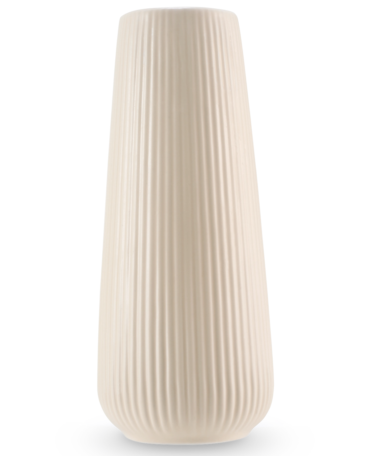 The Vase Dust 20 cm beige is a tall, off-white ceramic vase with a smooth matte finish and vertical ribs. The modern, slightly tapered design makes it perfect as a vase for artificial flowers.