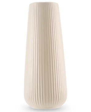 The Vase Dust 20 cm beige is a tall, off-white ceramic vase with a smooth matte finish and vertical ribs. The modern, slightly tapered design makes it perfect as a vase for artificial flowers.