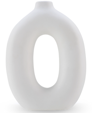 The Vase Gentle 22 cm off-white is an oval, off-white ceramic vase with a hollow center and a small opening at the top, perfect for artificial flowers. This stylish ceramic vase stands upright against a plain background.
