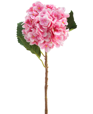 The Artificial Flower Hydrangea Real Touch pink 58 cm is a single pink artificial hydrangea stem with green leaves, with a round bloom of many small petals, beautifully detailed and isolated on a white background.