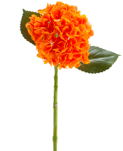 The Artificial Flower Charlotte Hydrangea Real Touch orange 55 cm has a vibrant orange hydrangea flower with petals, a green stem and two large green leaves against a white background.