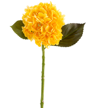 The Artificial Flower Charlotte Hortensia Real Touch in yellow, 55 cm, is a single artificial hydrangea flower with green leaves and a long stem, against a white background.