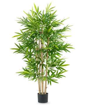 The Artificial Plant Bamboo 150 cm has several slender bamboo stems and lush green leaves in a small black pot, against a plain white background.