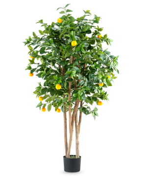 A tall artificial orange tree called "Artificial Plant Orange Tree 150 cm" with multiple brown trunks, vibrant green leaves and several bright orange fruits in a simple black pot against a plain white background.