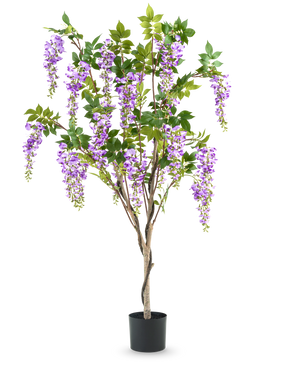 The Artificial Wisteria Plant 150 cm is an artificial wisteria in a pot with green leaves and purple flowers, against a plain white background.