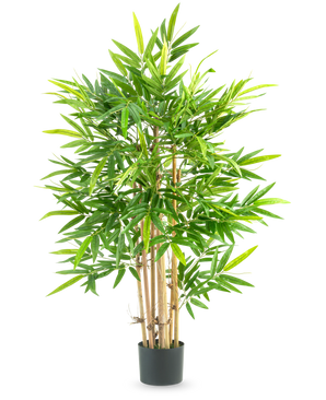 The Artificial Plant Bamboo 120 cm is a tall bamboo in a pot with several thin yellowish stems and many long, narrow green leaves, against a plain white background.