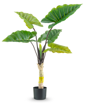 The Artificial Plant Calocasia 120 cm has large, wide green leaves and a thick central stem in a high pot, against a plain white background.
