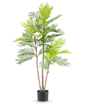 The Artificial Fern plant 120 cm has multiple slender brown stems and lush green fern-like leaves, in a small black pot against a plain white background.