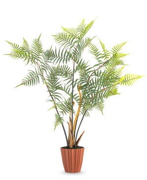 The Artificial Fern Deluxe 117 cm is a tall artificial fern with multiple green leaves and slender stems, which stands in a brown ribbed pot against a plain white background.
