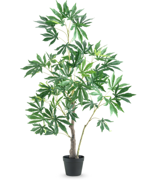 The Artificial Plant Hemp Cannabis Leaves 120 cm is a tall artificial plant in a pot with several thin branches and bunches of large green leaves with serrated edges against a plain white background.