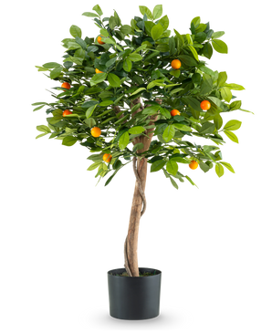 The Artificial Plant Orange Tree 90 cm is a potted orange tree with a twisted trunk, lush green leaves and small orange fruits against a plain white background.