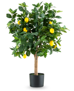 The Artificial Lemon Tree 90 cm is an artificial lemon tree in a pot with green leaves and bright yellow lemons, depicted against a plain white background.