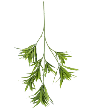 The Artificial Plant Dracaena Reflexa spray 86 cm FR is a single green artificial stem with several long, narrow leaves that branch, against a plain white background.