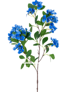The Artificial Flower Snowball Real Touch Blue 80 cm has a single stem with several clusters of vibrant blue flowers and lush green leaves, against a plain white background.