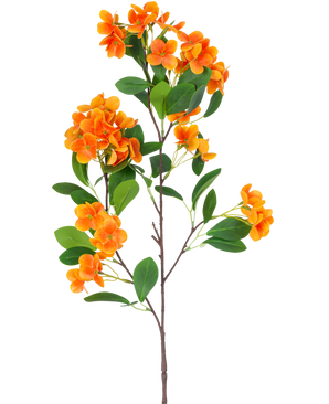 The Artificial Flower Snowball Real Touch Orange 80 cm has clusters of vibrant orange flowers and green leaves on slender brown stems, against a plain white background.