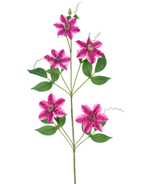 The Artificial Flower Clematis double 78 cm purple has five star-shaped, purple double blossoms with green leaves and curly tendrils on slender stems, against a white background.