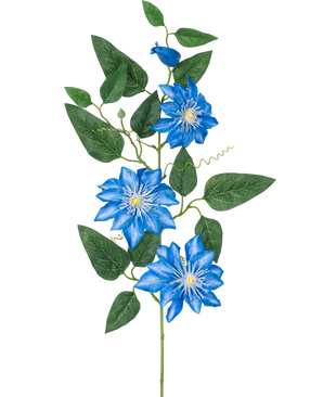 The Artificial Flower Clematis large 81 cm blue has a stem with several green leaves and four bright blue clematis flowers, each with a white heart and pointed petals, against a white background.