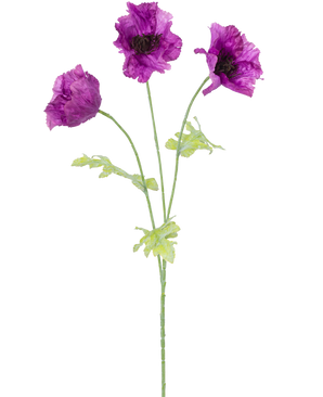 The Artificial Flower Poppy 73 cm lilac has three purple artificial poppy flowers with green stems and leaves, against a plain white background. The delicate, slightly crinkled petals add texture to the arrangement.