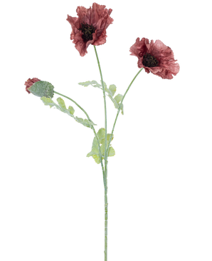 Watercolor illustration of the Artificial poppy flower 73 cm mauve, with three dark red flowers with green stems and leaves, against a plain white background.