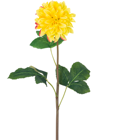 The Artificial Flower Dahlia Real Touch Yellow 73 cm is a single yellow dahlia with round petals and red accents, with a long green stem and a number of large green leaves, against a white background.