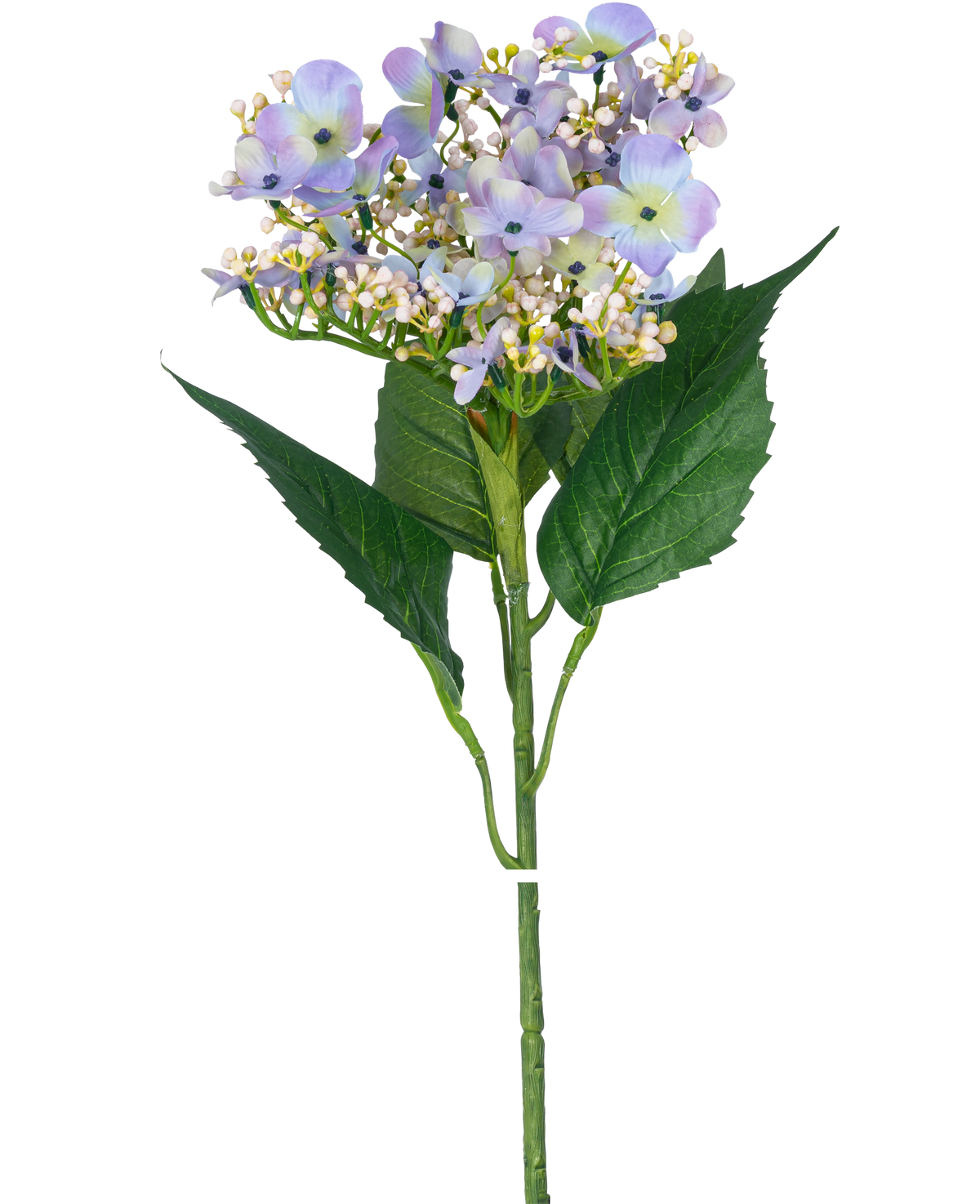 The Artificial Flower Butterfly Hydrangea 72 cm light lilac is a single artificial stem with light purple hydrangea flowers, green leaves and small white buds, perfect for decorating any room.