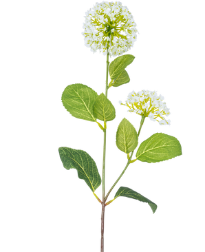 The Artificial Flower Snowball/Viburnum (70 cm) has two bunches of small white flowers and several green oval leaves on a stem, against a white background.
