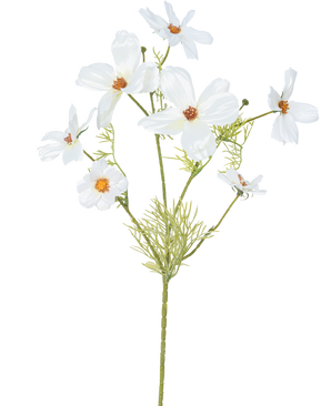 The Artificial Flower Cosmos 74 cm white has several delicate white flowers with a yellow and orange heart and feathery green leaves - ideal as silk flowers for lasting elegance.
