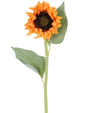 An Artificial Flower Sunflower Real Touch gold of 61 cm, with an orange flower and dark heart, two large green leaves and a long green stem, isolated on a white background.