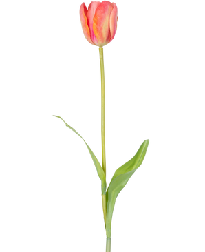 A single Artificial Flower French Tulip 63 cm orange with a long green stem and two green leaves, isolated on a white background.