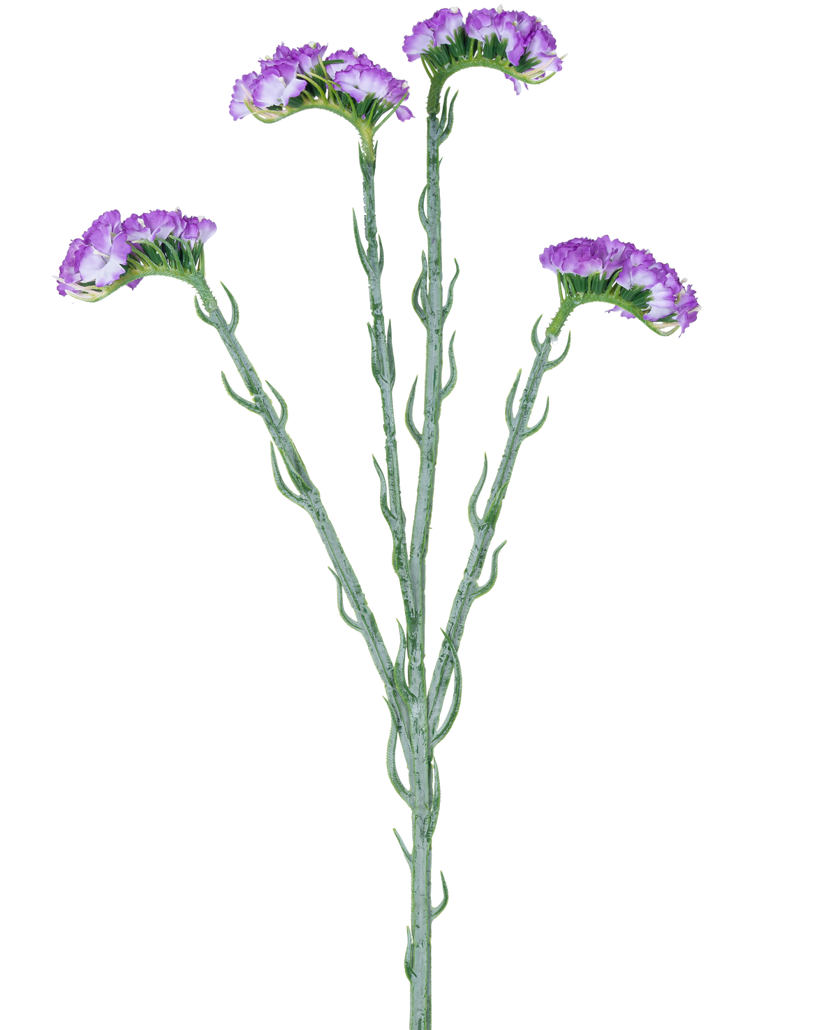 The Artificial Branch Statice 64 cm purple has a single green stem with five branches, each covered with clusters of small, purple flowers with ruffles, against a white background.