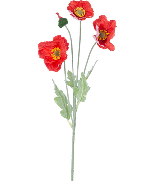 The Artificial Flower Poppy Real Touch red 60 cm has a single stem with three vibrant red poppy flowers, a closed bud and green leaves, against a plain white background.