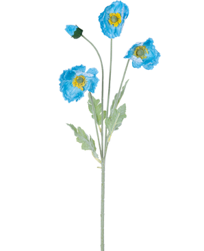 The Artificial Flower Poppy Real Touch Blue 60 cm has a single stem with three blue poppy flowers and green leaves; two flowers are open with a yellow center and one flower remains a closed bud, all isolated on a white background.